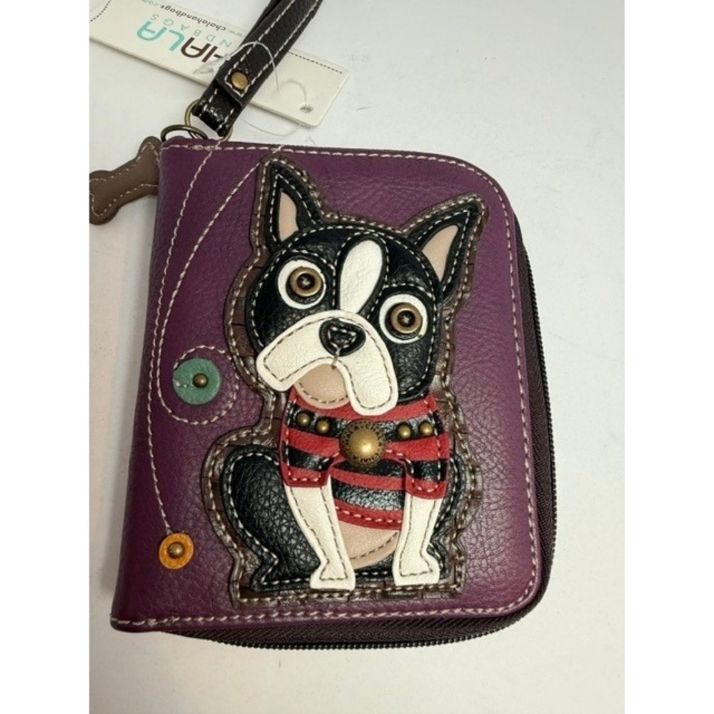 Chala Boston Terrier Zip Around Wallet Purple Vegan Leather Wristlet Dog NWT